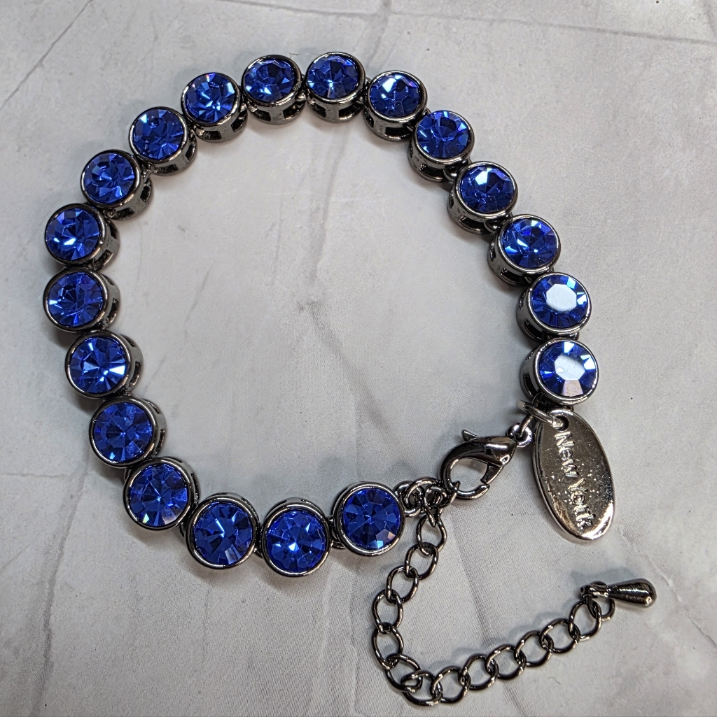 Cara Ny Blue Rhinestone Tennis Bracelet Gunmetal 7” + Extender